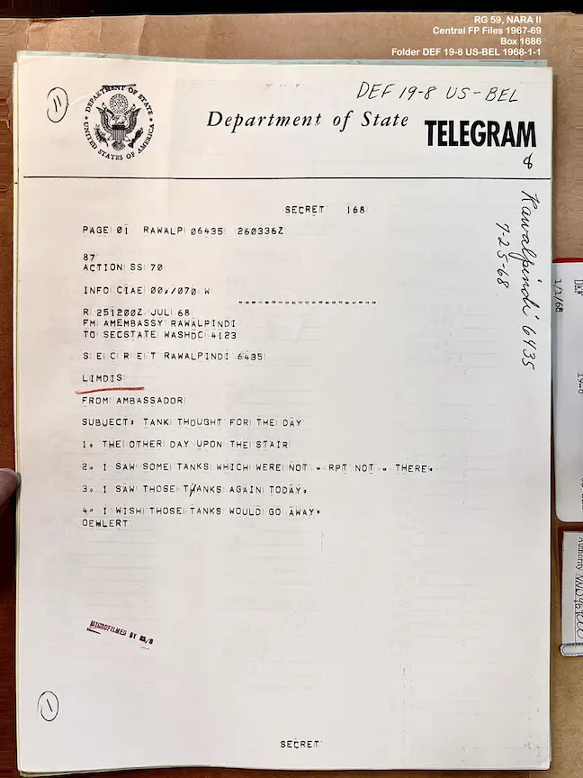 Telegram from U.S. Ambassador to Pakistan: UBUECT TANK THOUGHT FOR THE DÄY 1• THE OTHER DAY UPON THE STAIR 2. I SAW SOME TANKS: WHICHI WERE NOT - RPT NOT . THERE® 3 I SAW THOSE THANKS: AGAIN TODÄY• 4• I WISH THOSE TANKS WOULD GO AWAY* OEHLERT